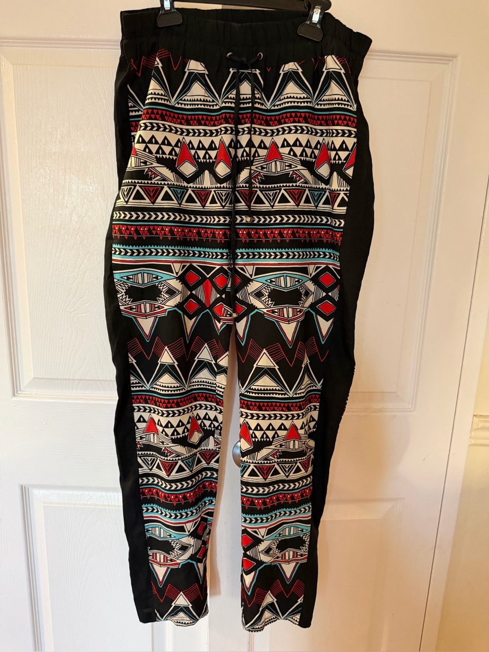 Tribal Print Jogger Pants in Black, Red & Teal